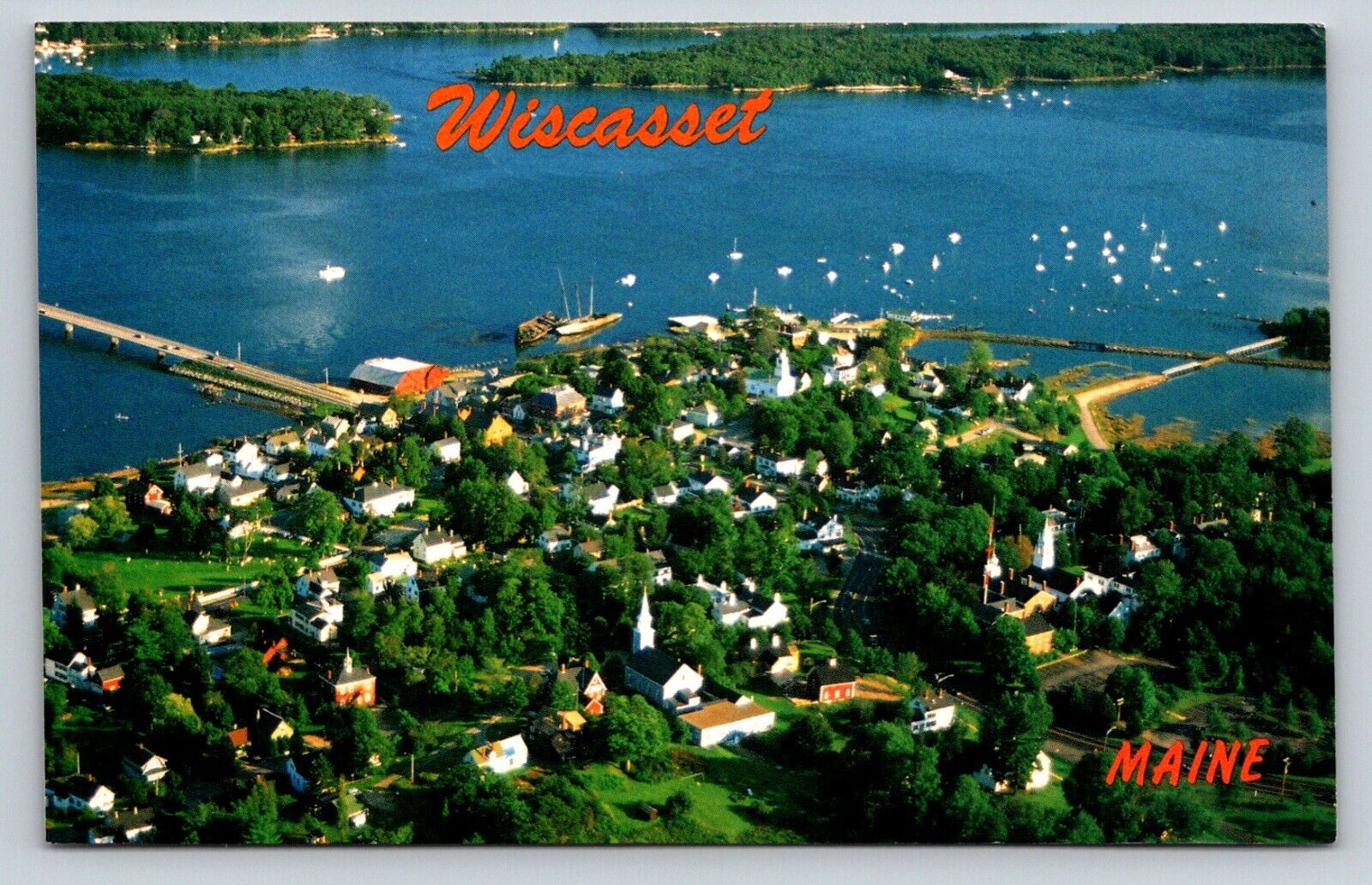 Wiscasset, ME Maine, sailboats, aerial view 1970s Postcard