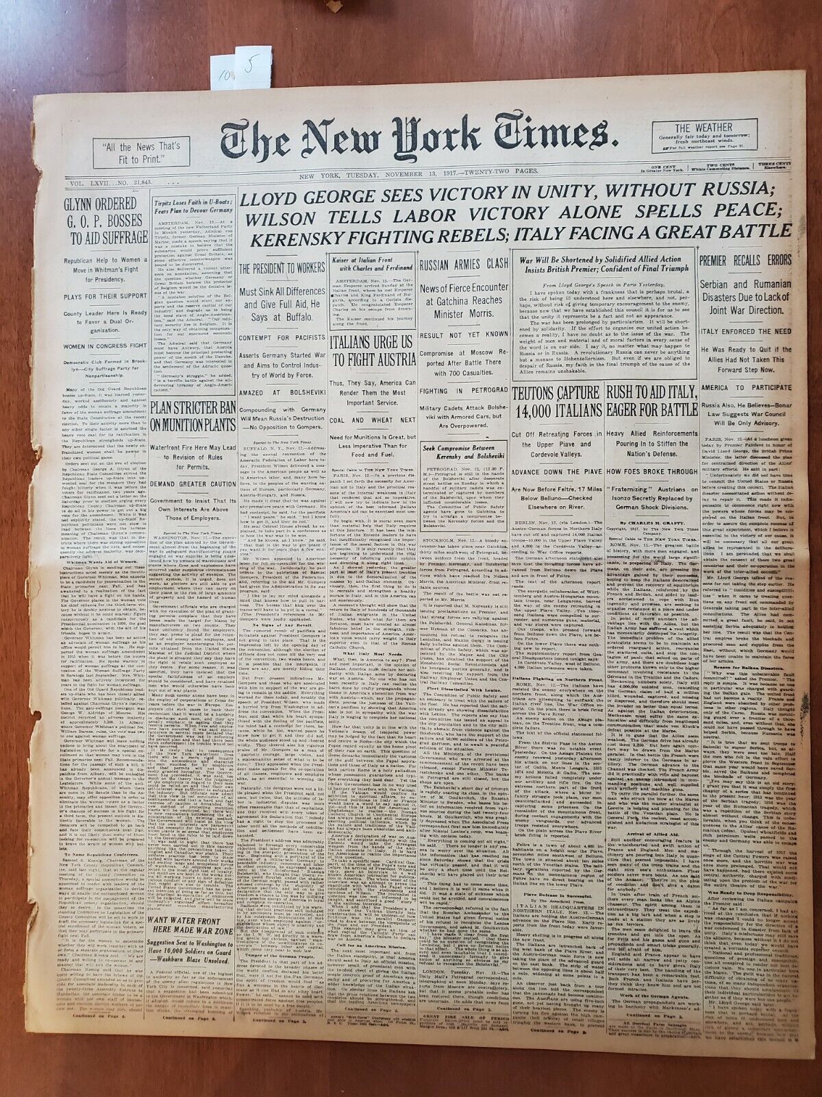 1917 NOVEMBER 13 NEW YORK TIMES - LLYOD GEORGE SEES VICTORY IN UNITY - NT 8068