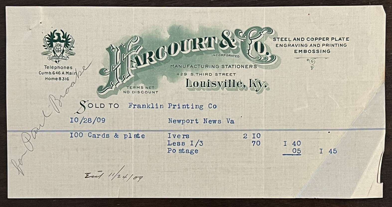 1909 HARDCOURT & CO. LOUISVILLE KENTUCKY RECEIPT FOR CARDS & PLATES