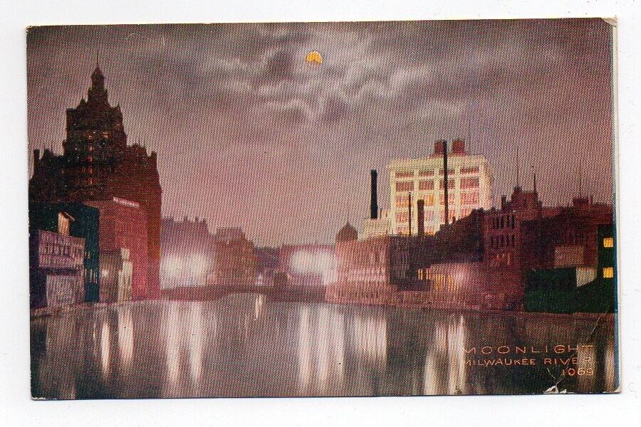 DB Postcard, Moonlight, Milwaukee River, Wisconsin, 1911