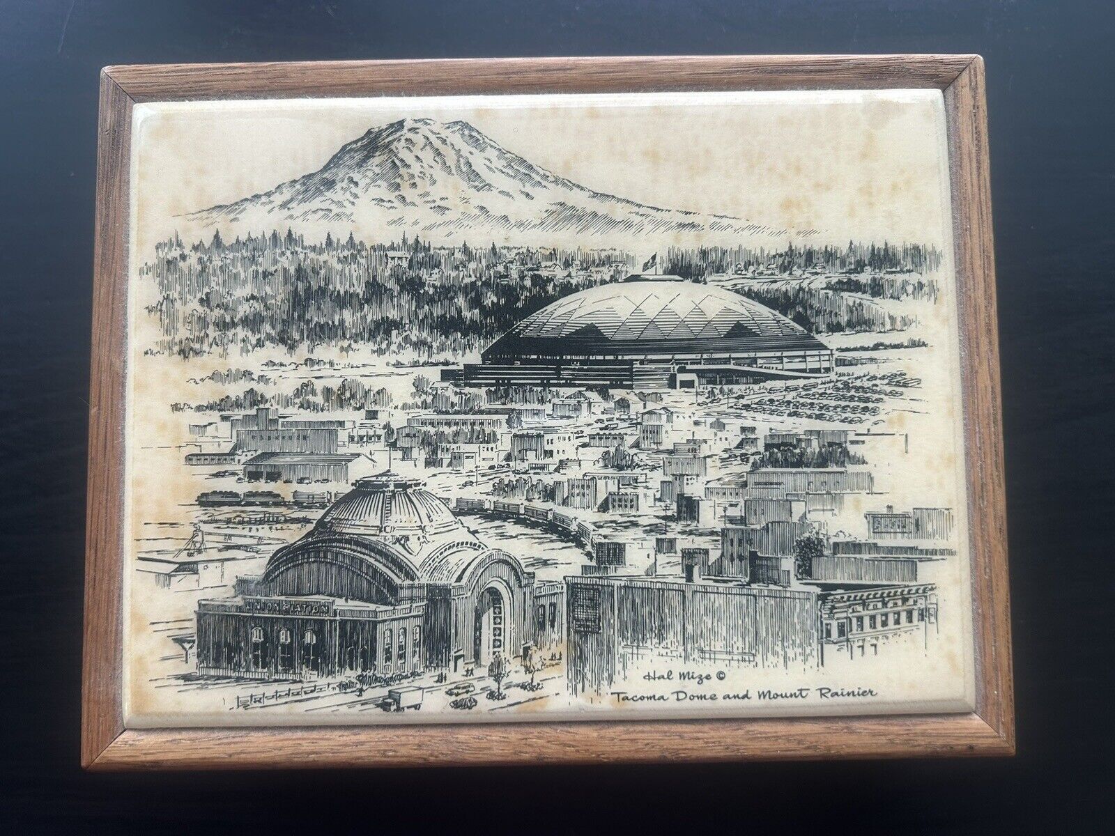 Vintage Tacoma Dome Washington State Seattle Souvenir Wood Box Trinket Rainier