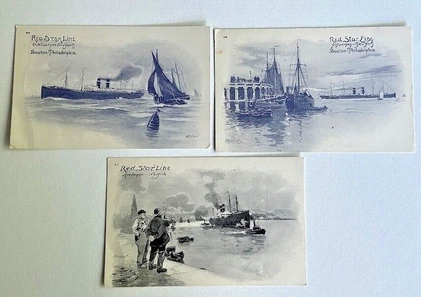 3 Red Star Line Cruise Ship Postcards Artist Henry Cassiers Signed 