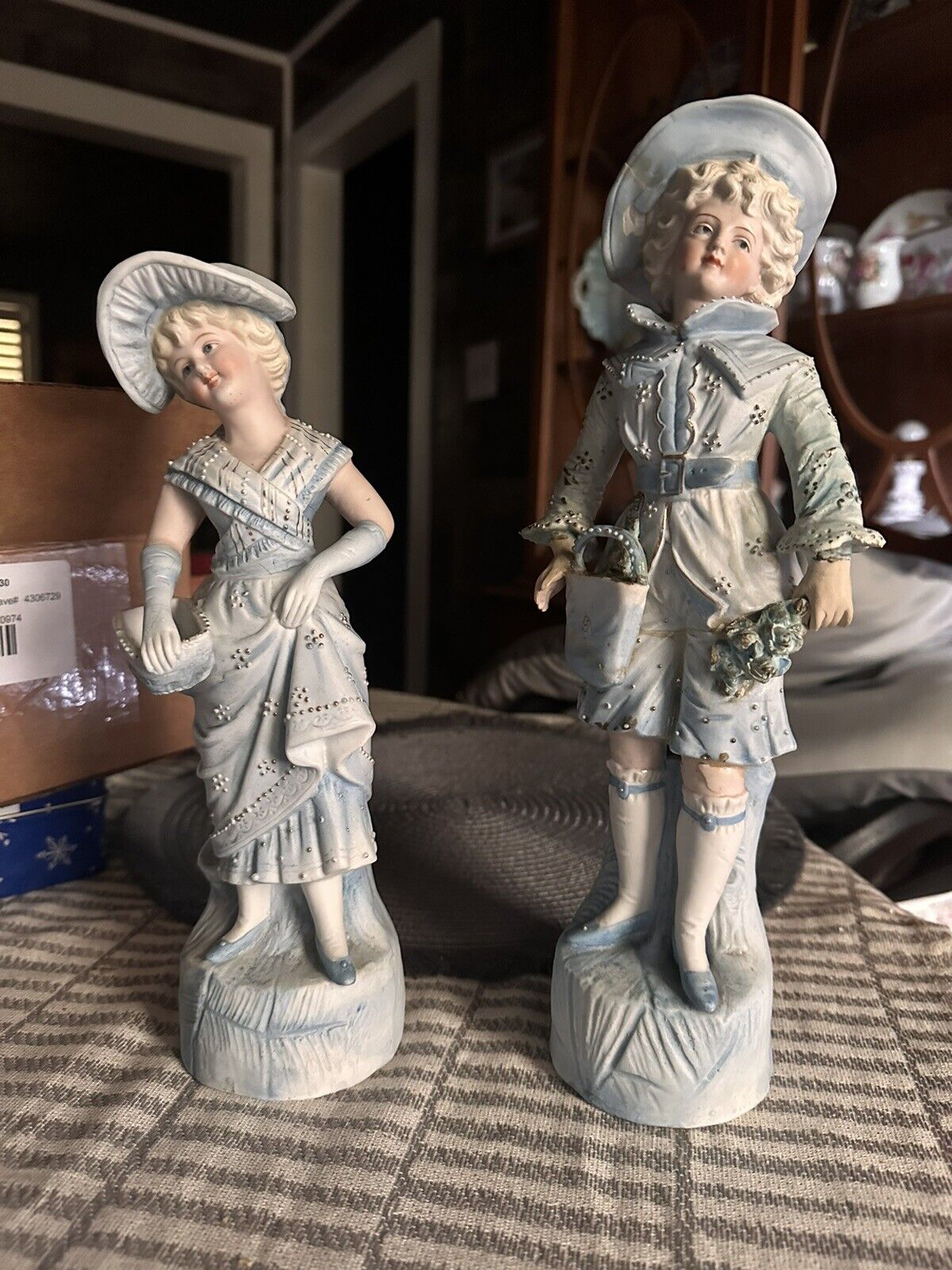 Vintage Boy And Girl German Bisque Porcelain Statues