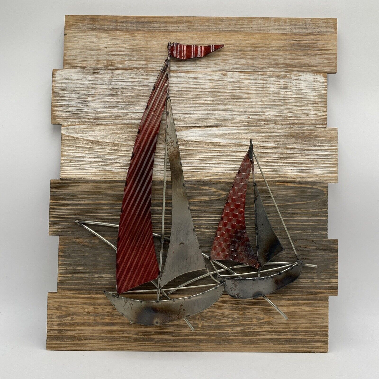 Sail Boats Mixed Metal Sculpture On Rustic Wood 16.5\
