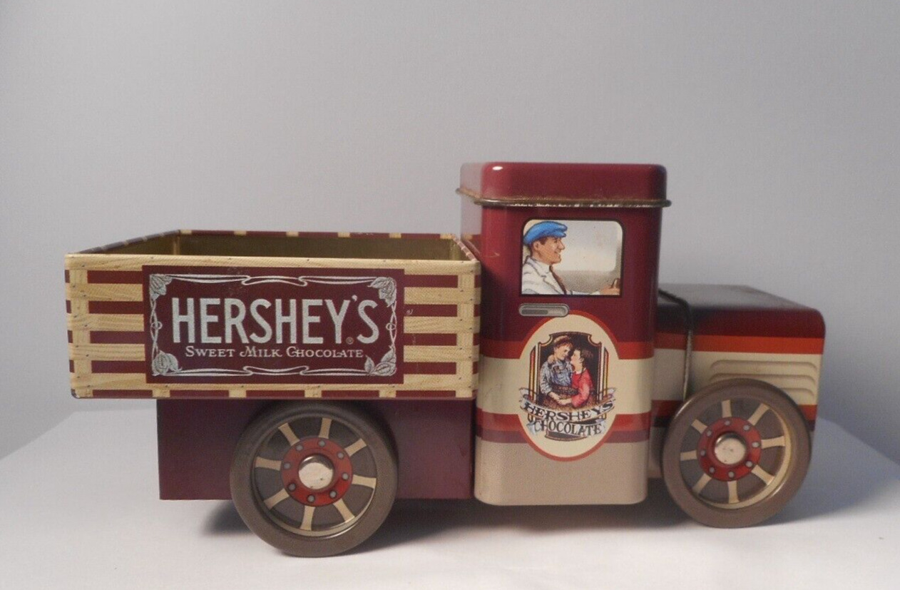 Vintage Hershey\'s Sweet Chocolate Tin Delivery Truck With Moving Wheels RARE