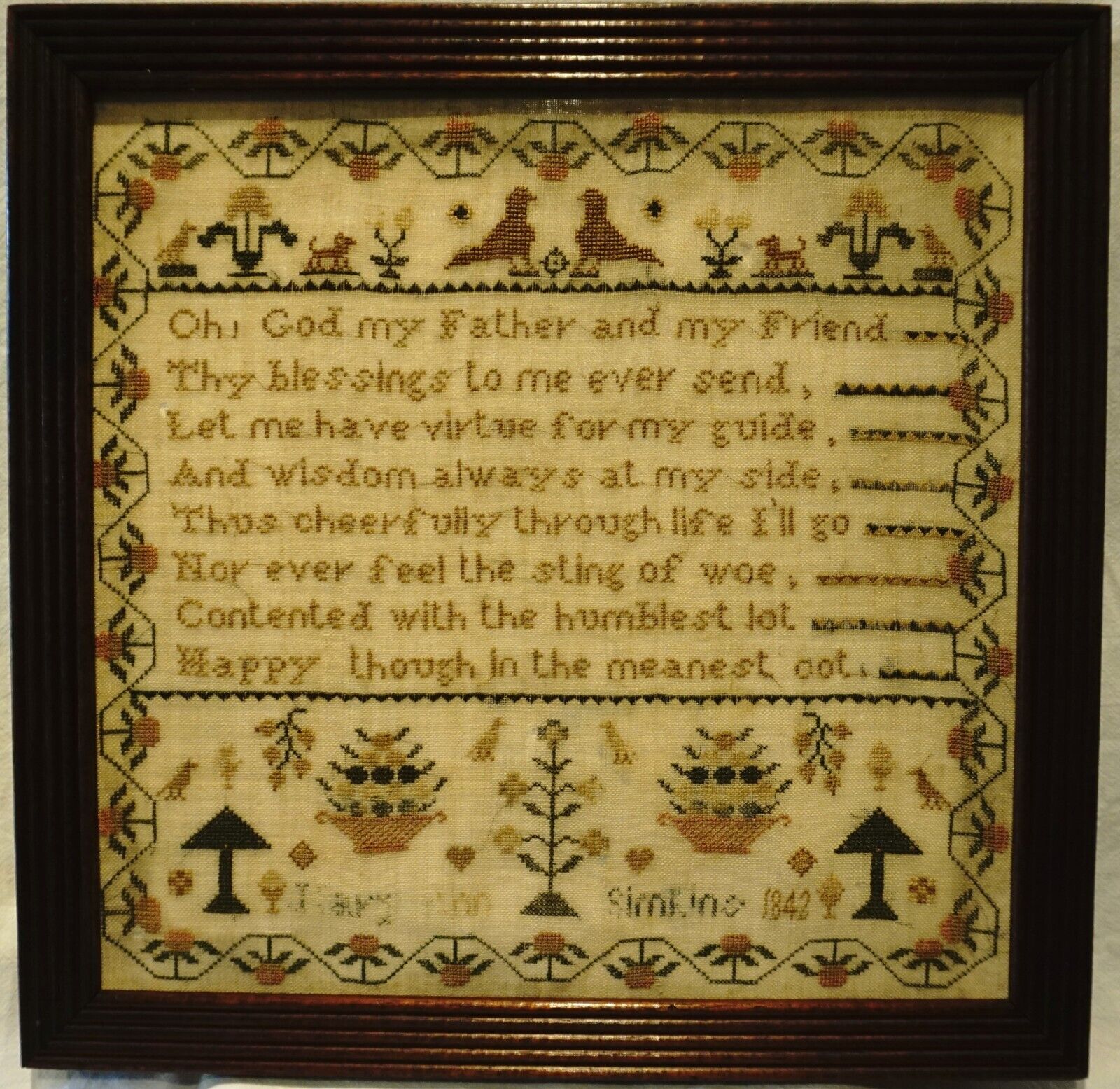 EARLY/MID 19TH CENTURY VERSE & MOTIF SAMPLER BY MARY ANN SIMKINS - 1842