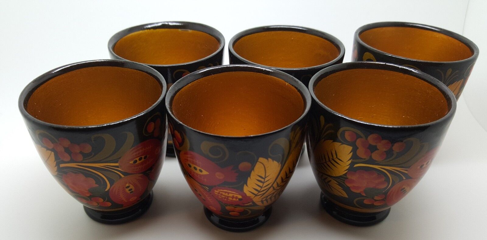 Russian 70\'s Vintage Russian Hand Painted Khokhloma set 6 pcs  Goblet Shot Glass
