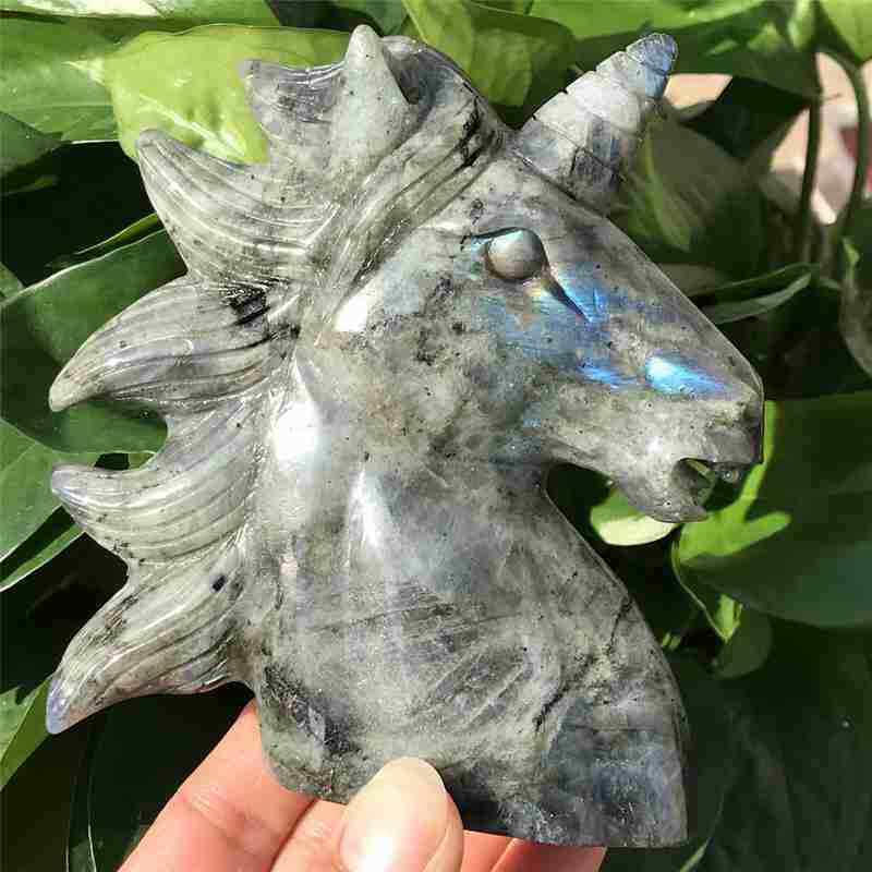 520g Natural Labradorite Quartz Hand Carved Unicorn Skull Crystal Healing Decor 