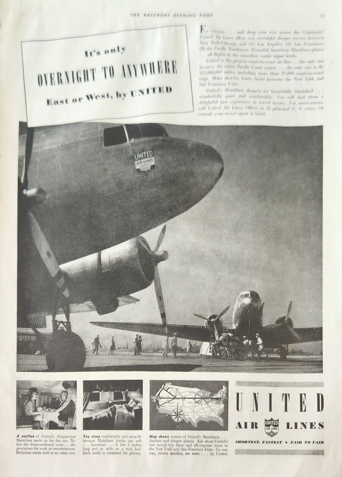 1939 United Air Lines Vintage Ad Its only overnight to anywhere east or west