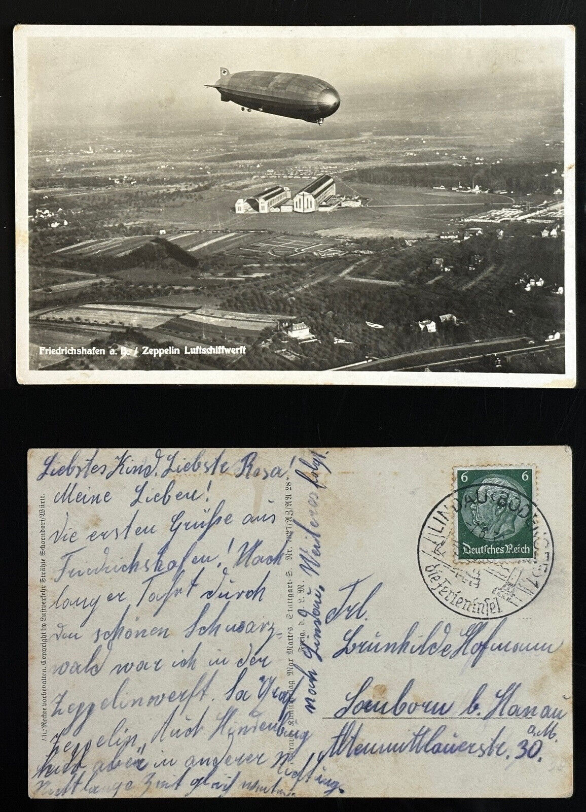 1936 posted Zeppelin in flight above hangar Friedrichshafen Germany stamp cancel