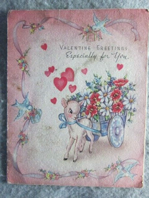 Vintage Valentine Greetings Especially For You Card Fawn Pulling Cart Of Flowers