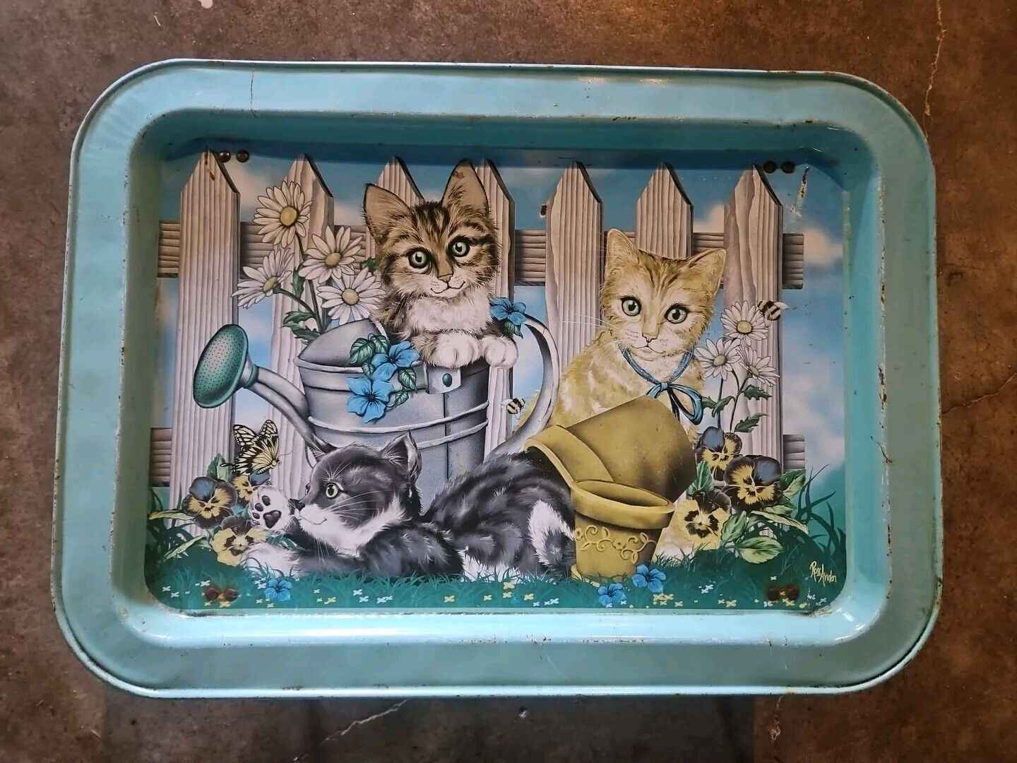 Vintage 1980s Ross Avidon Cats Kittens Art Tin Metal TV Lap Tray Folding Legs