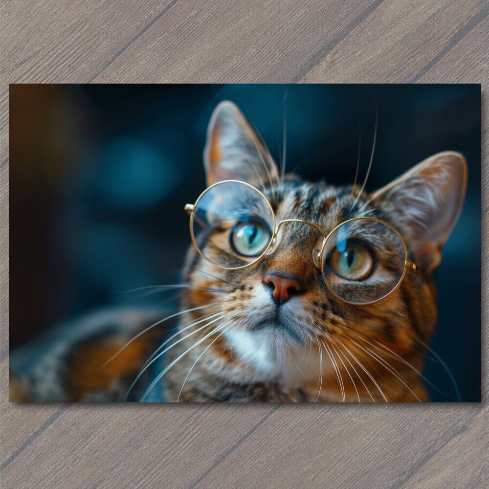 POSTCARD Cat with Glasses Fun Cute Colorful Kitty Unusual Animal Funny Sweet