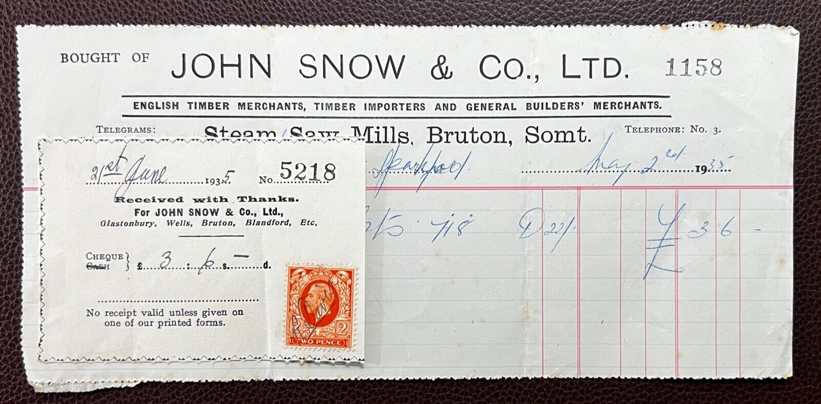 1935 John Snow & Co., Timber Merchants, Bruton, Somerset Invoice