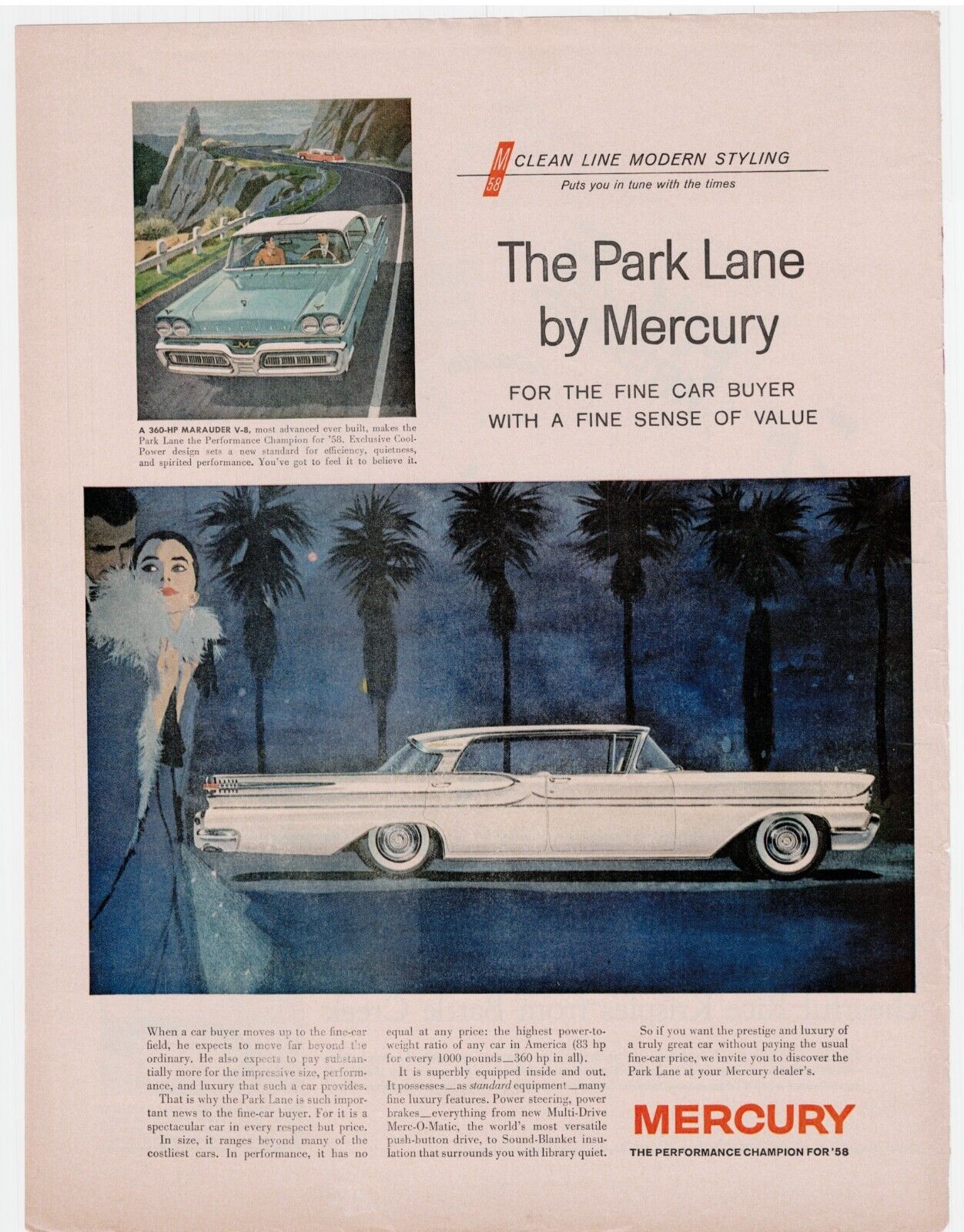 1958 Mercury Park Lane Ford Original Auto Car Vintage Art Decor Print Ad
