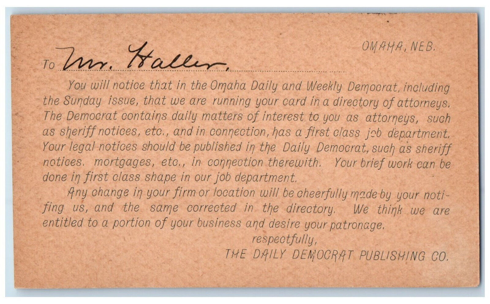 c1880\'s The Daily Democrat Publishing CO CW Haller Omaha NE Postal Card