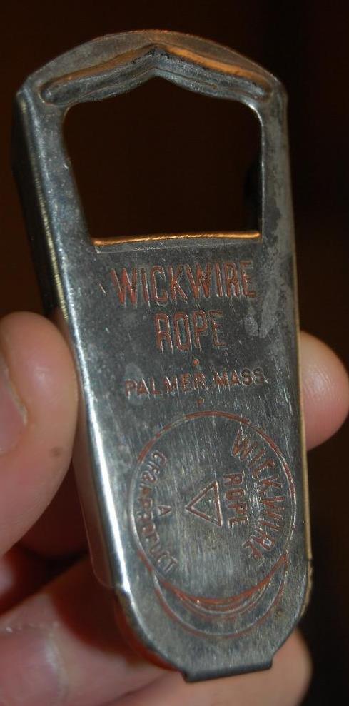 VINTAGE WICKWIRE ROPE PALMER MA WIRE MILL CF & A ADVERTISING BOTTLE OPENER