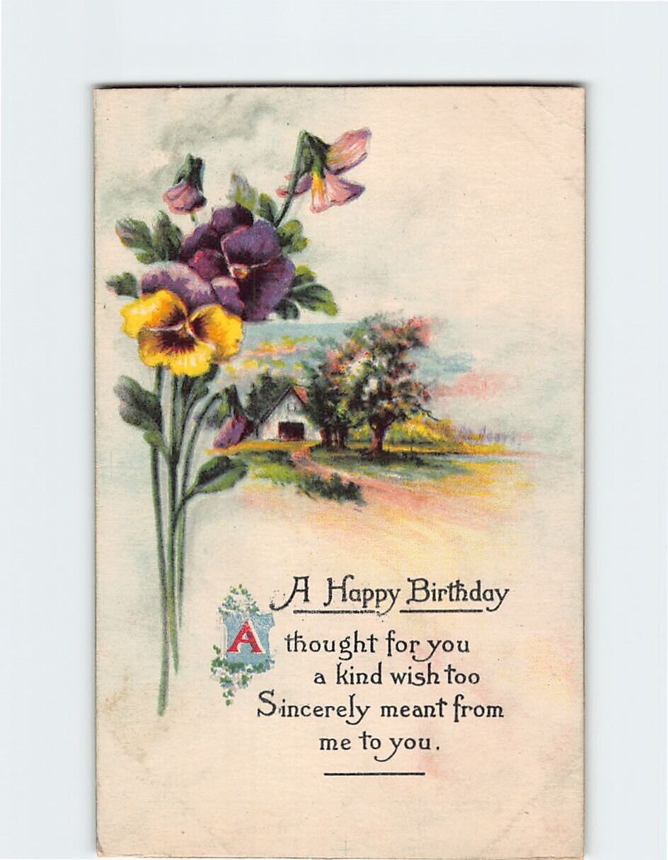 Postcard A Happy Birthday Countryside Home Scene Flower Art Print