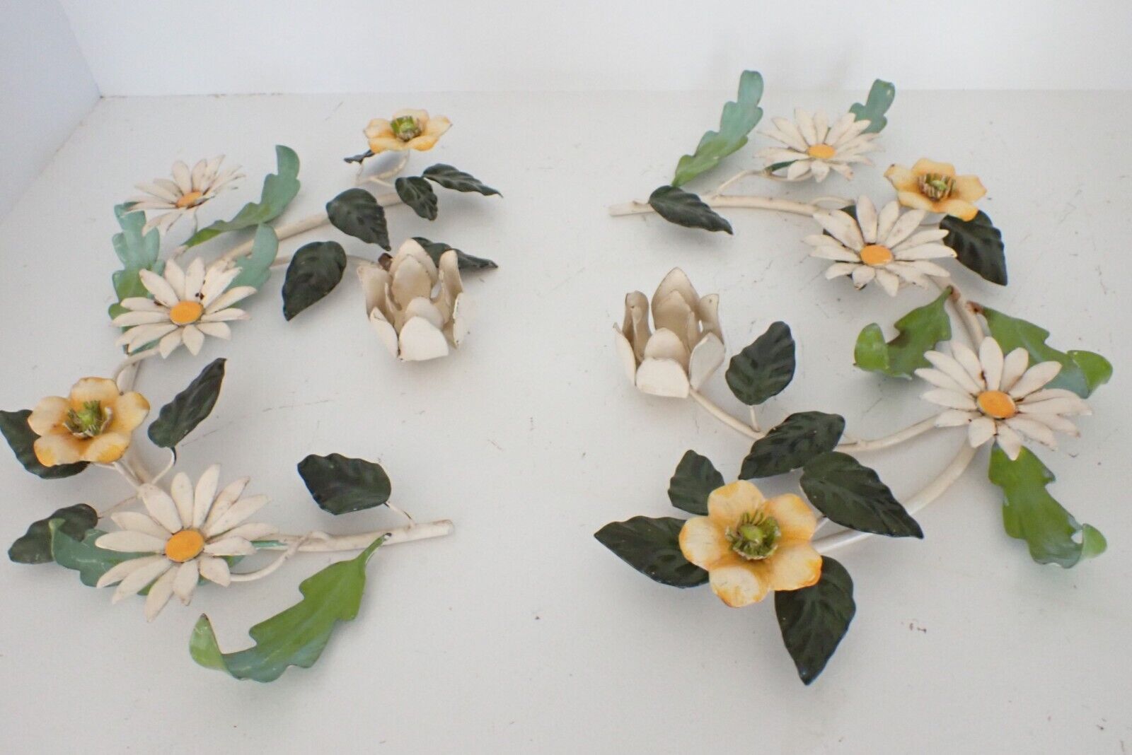 Vintage 20th Century Italian Tole Candle Holders Pair Yellow & White Flowers