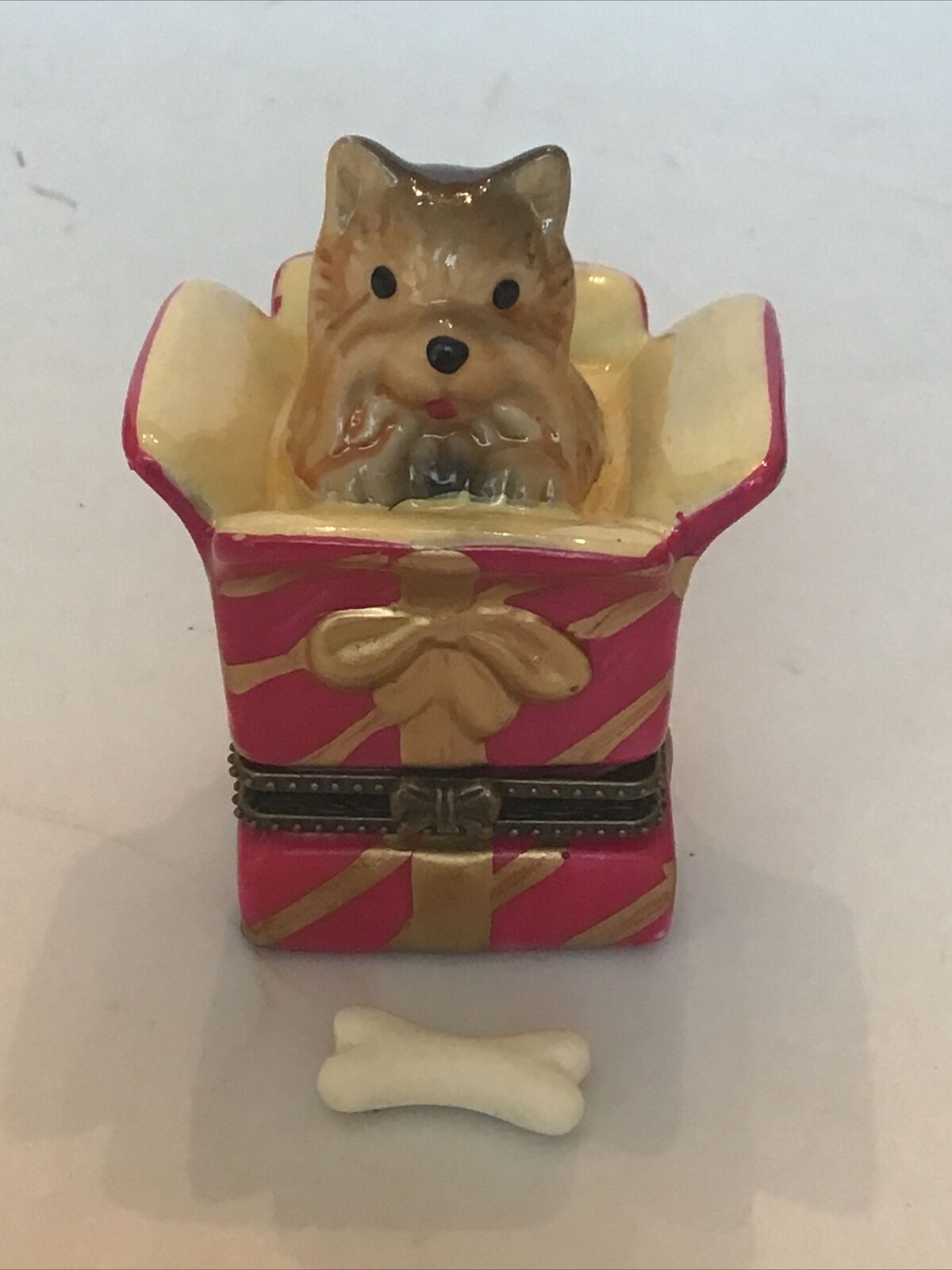 Vintage Yorkshire Terrier Dog in Giftbox Present Trinket Box Bone Charm