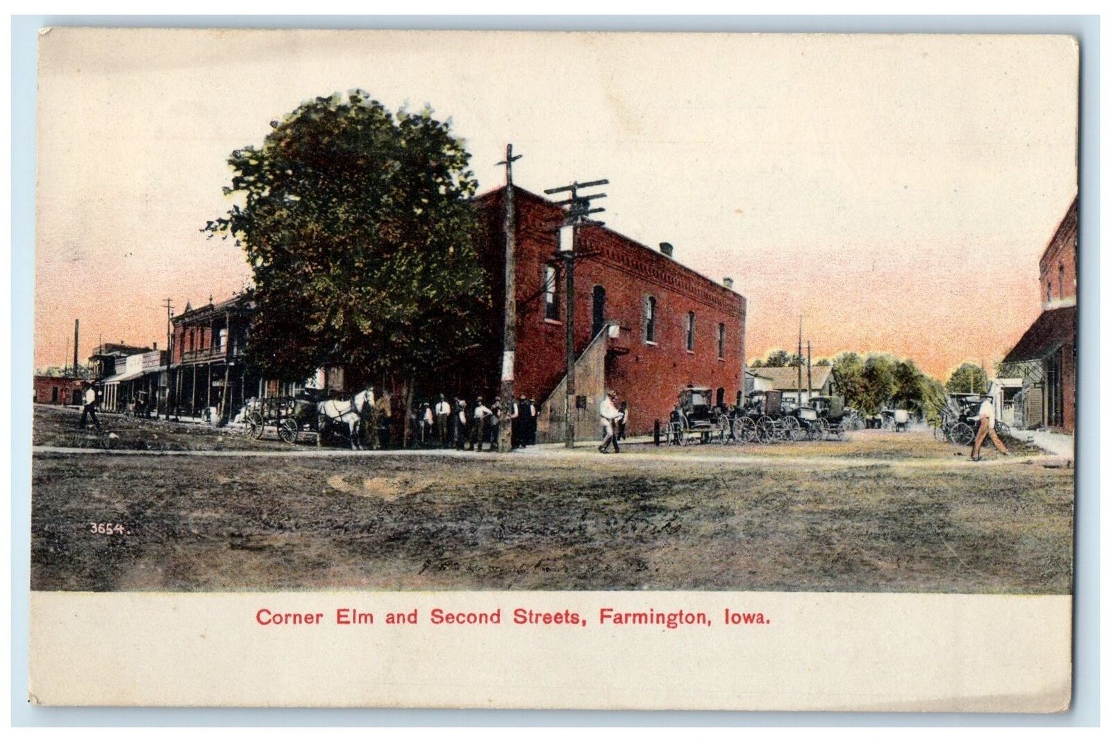 1908 Corner Elm And City Streets Horse Buggy People Farmington Iowa IA Postcard