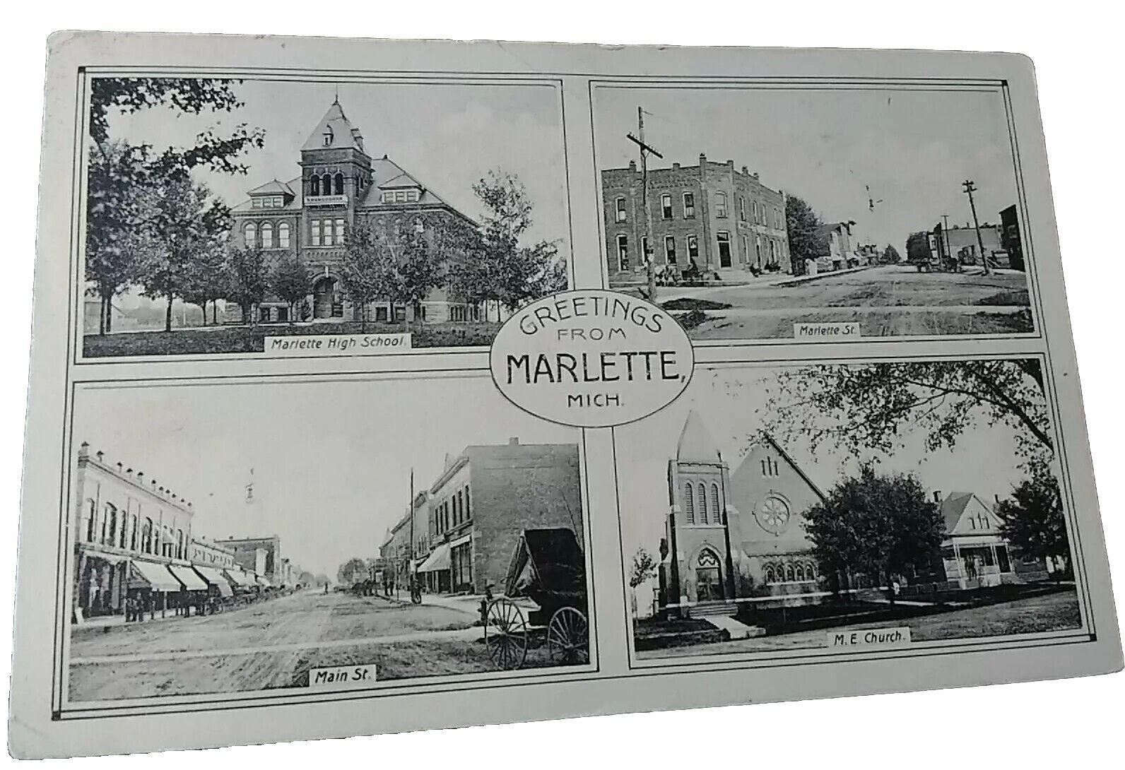 Marlette Michigan ~ Main St. ~ High School ~ M.E Church ~ Multi-View Postcard PC