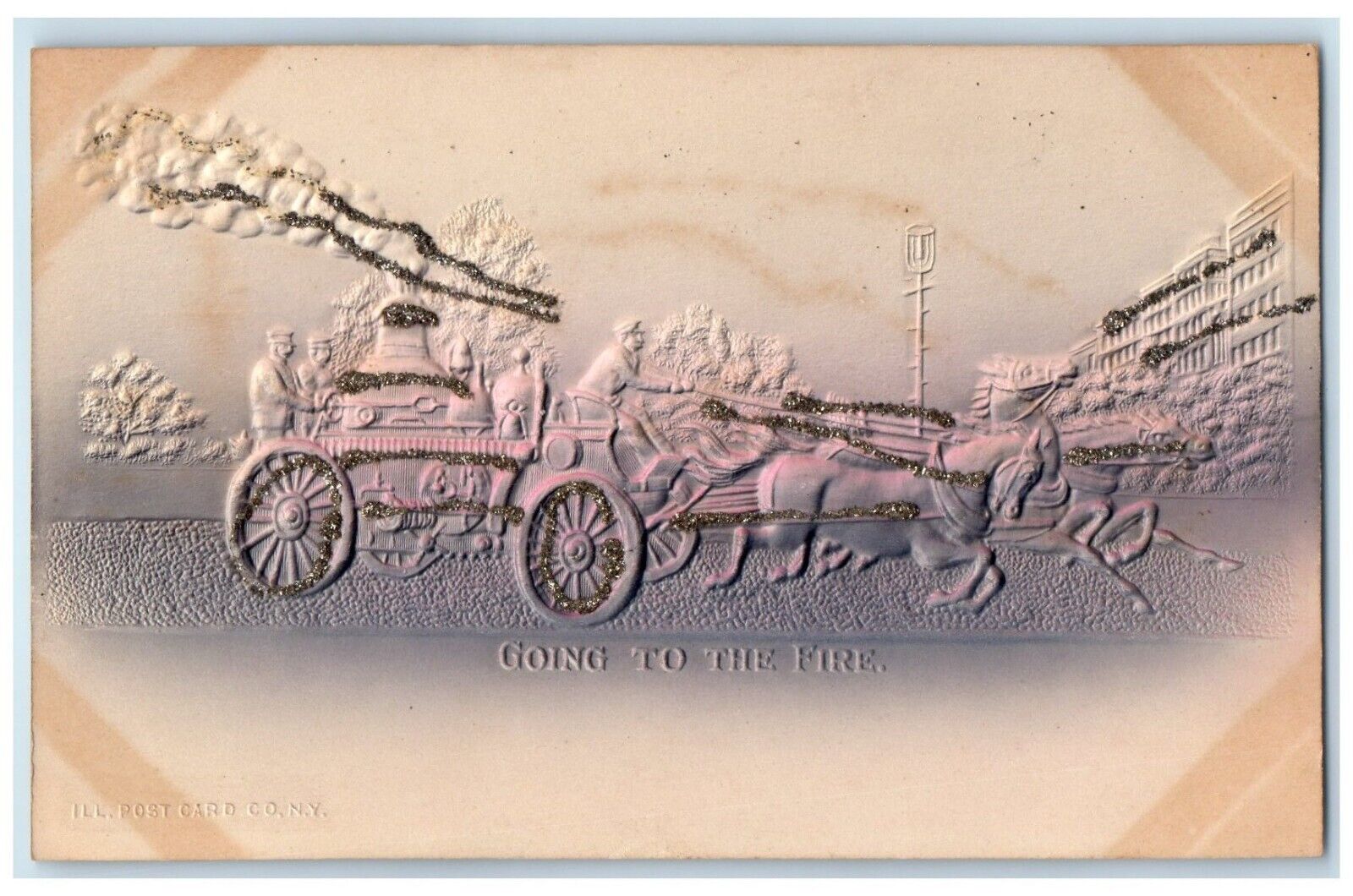 c1905 Firemen Going To The Fire Horse And Wagon Airbrushed Glitter Postcard