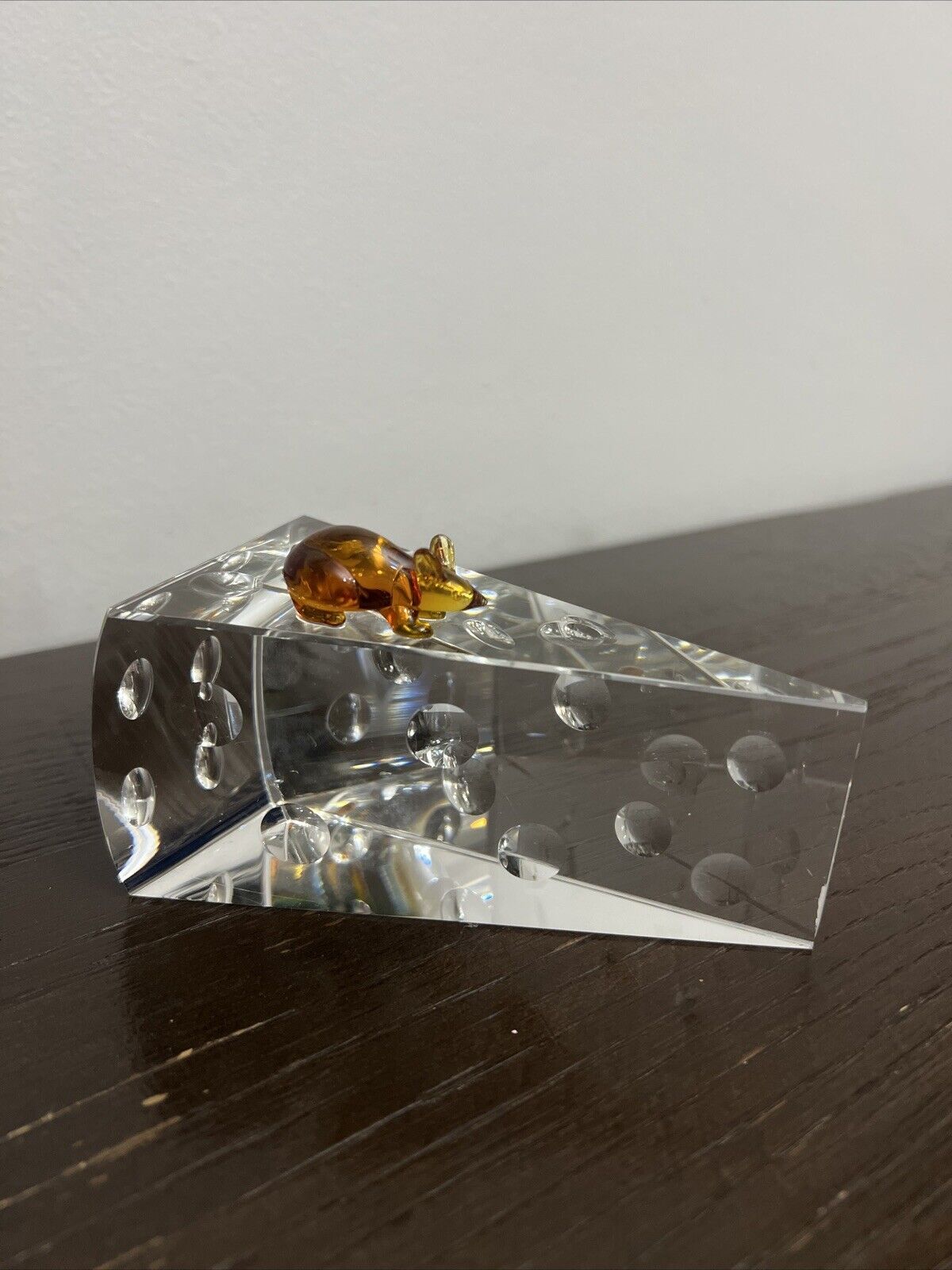 Vintage C 1980’s Crystal Glass Swiss Cheese Wedge With Amber Glass Mouse On Top