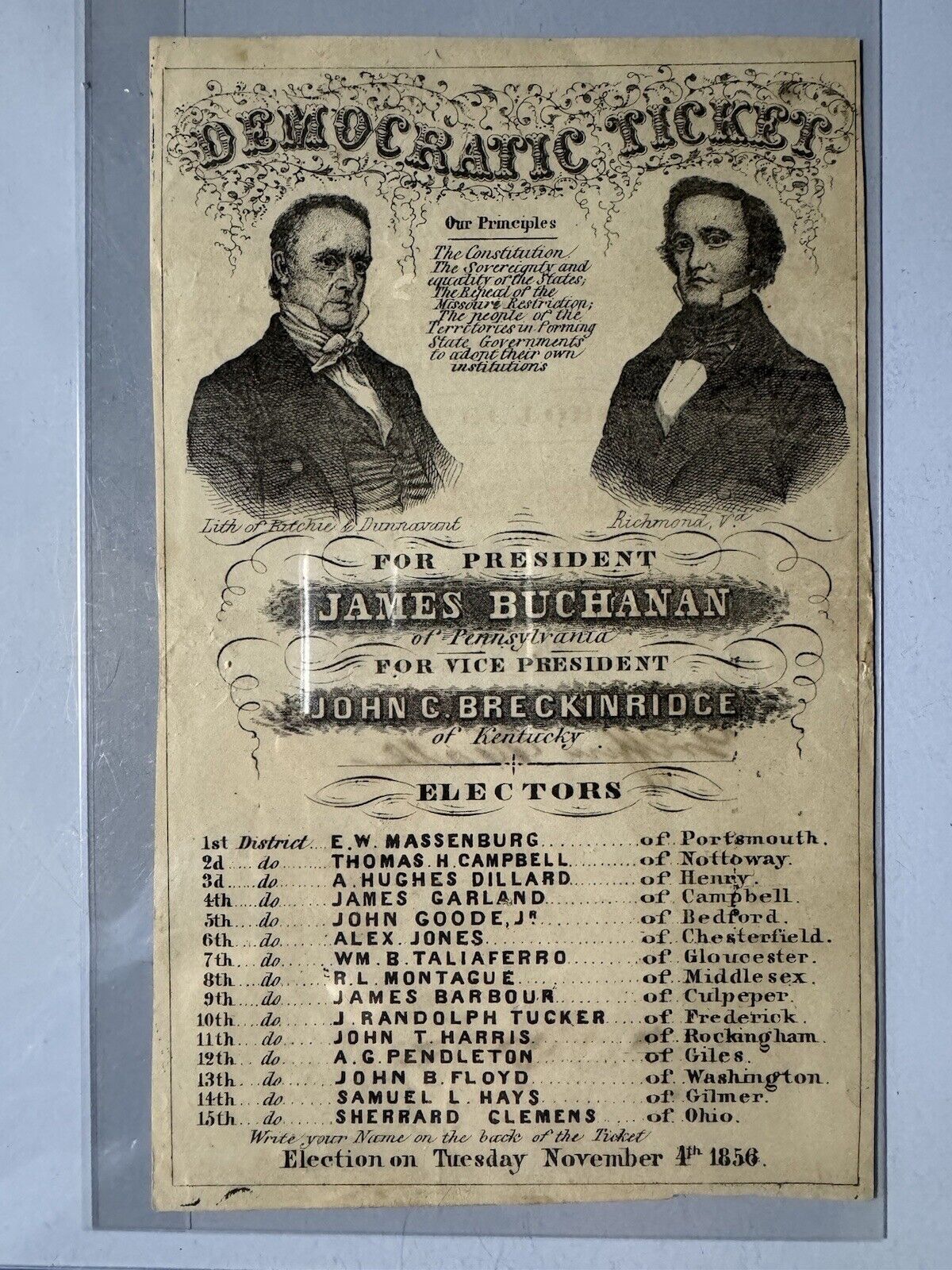 Rare 1856 James Buchanan John Breckinridge Campaign Ballot Ticket Richmond Va