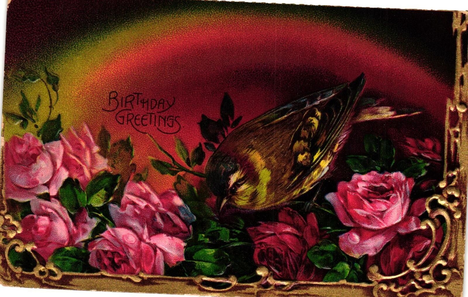 Vintage Postcard- BIRTHDAY GREETINS, PINK ROSES, BIRD
