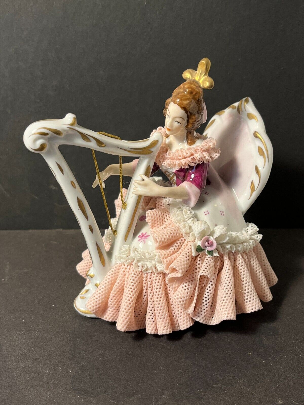 Vintage German Dresden Lace Figurine Lady with Harp. 4” Pink Porcelain Lace