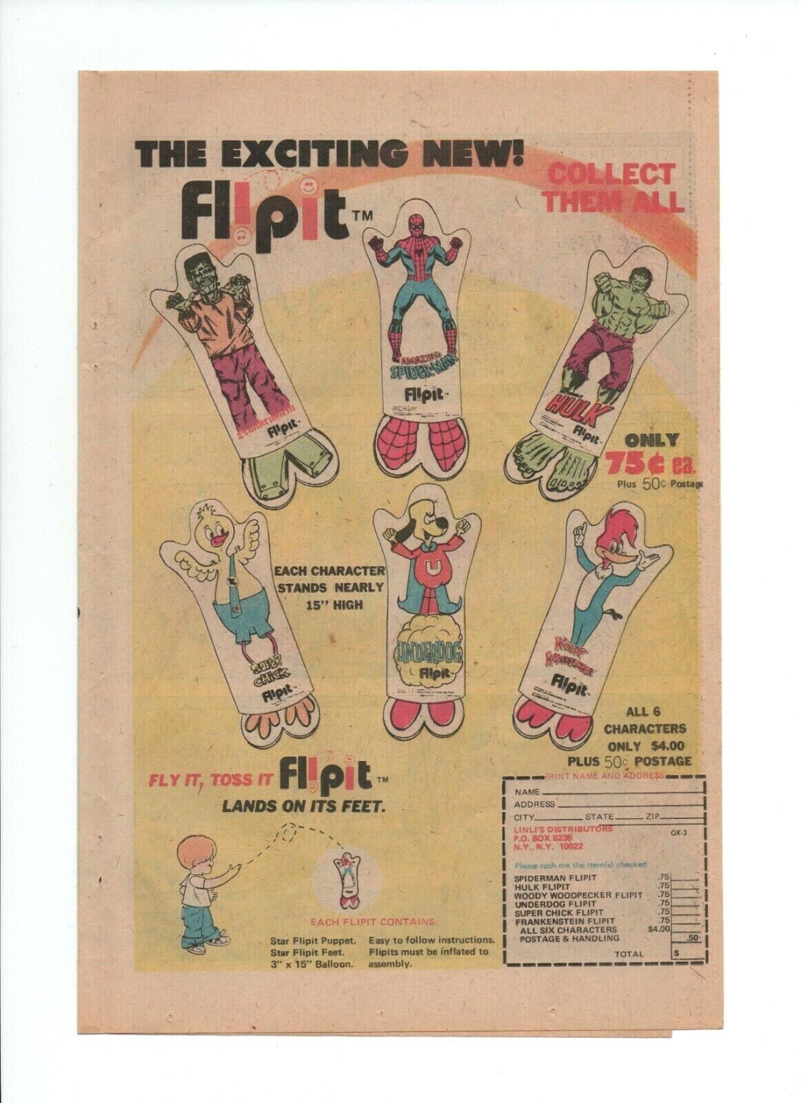 Flipit Fly It Toss It Lands On It\'s Feet - 1970s Vintage Toy Flip It Print Ad