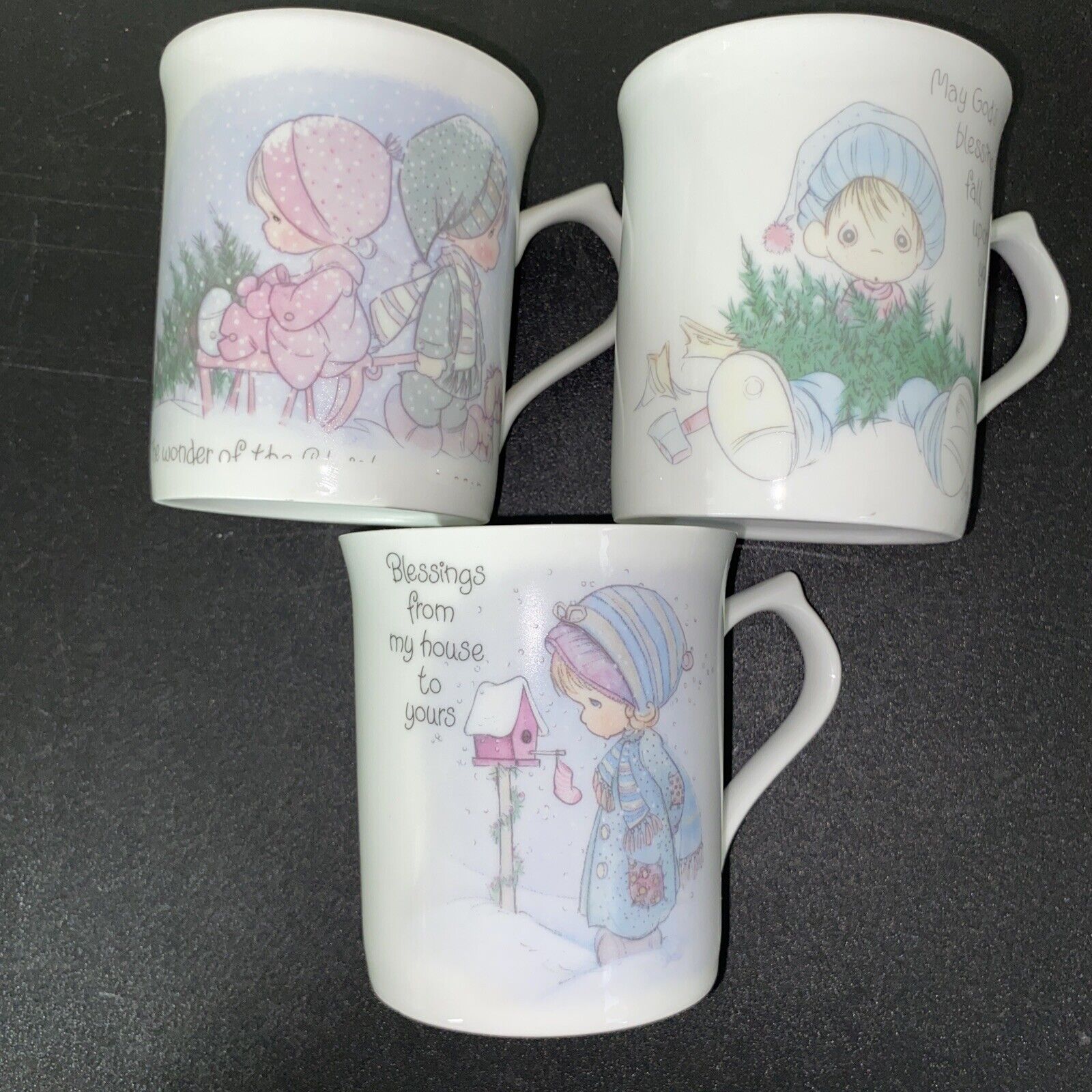 Vintage 1989 Precious Moments Christmas Mugs 3 Collectible Cups