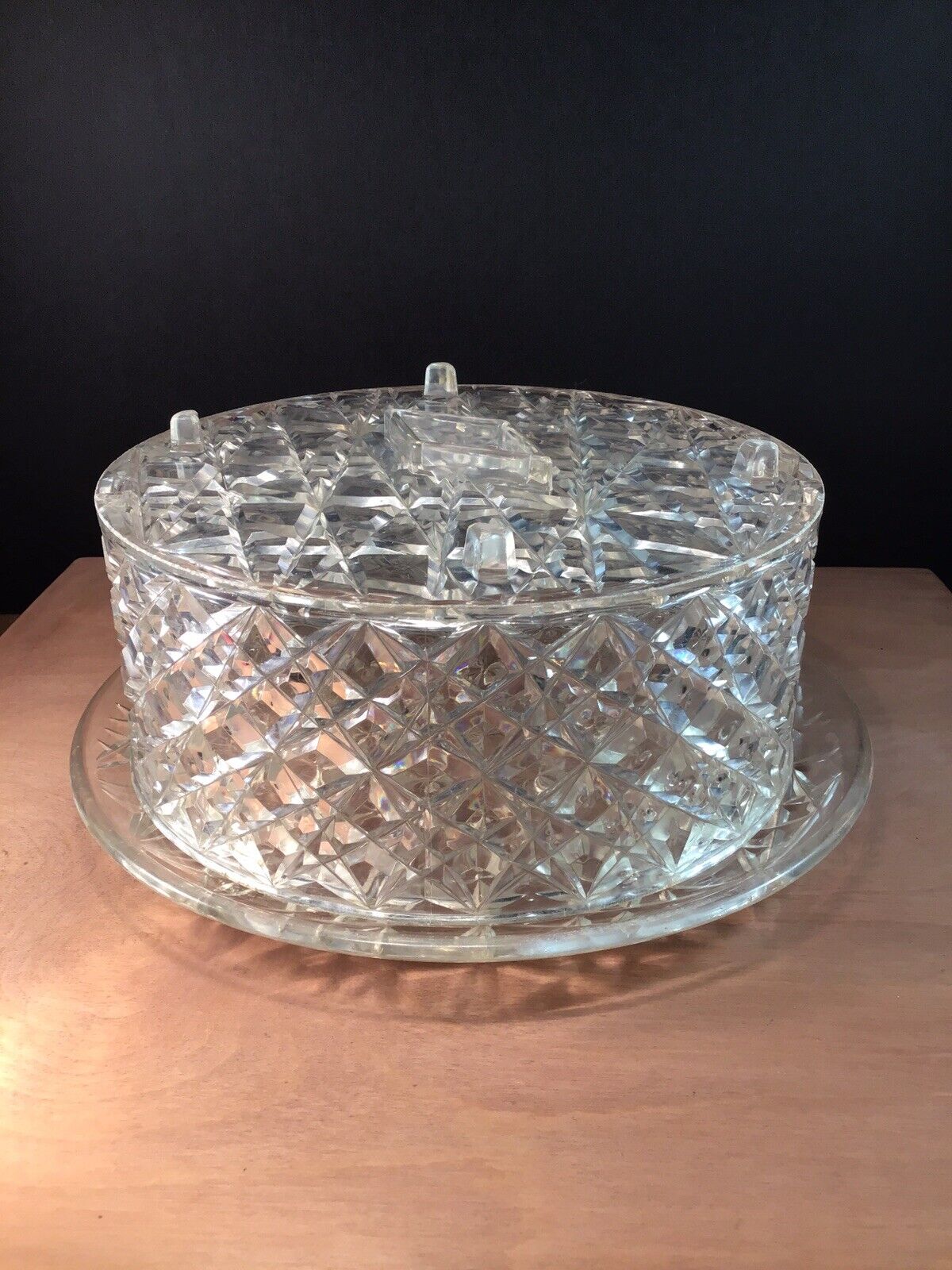 Vintage Trelawney Crystal Cut Clear Lucite Cake Keeper Or Salad Bowl