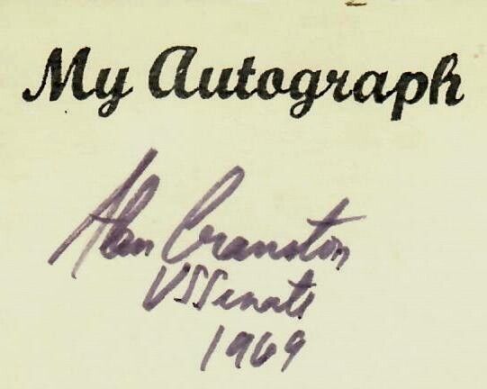“California Senator” Alan Cranston Hand Signed 3X5 Card Dated 1969