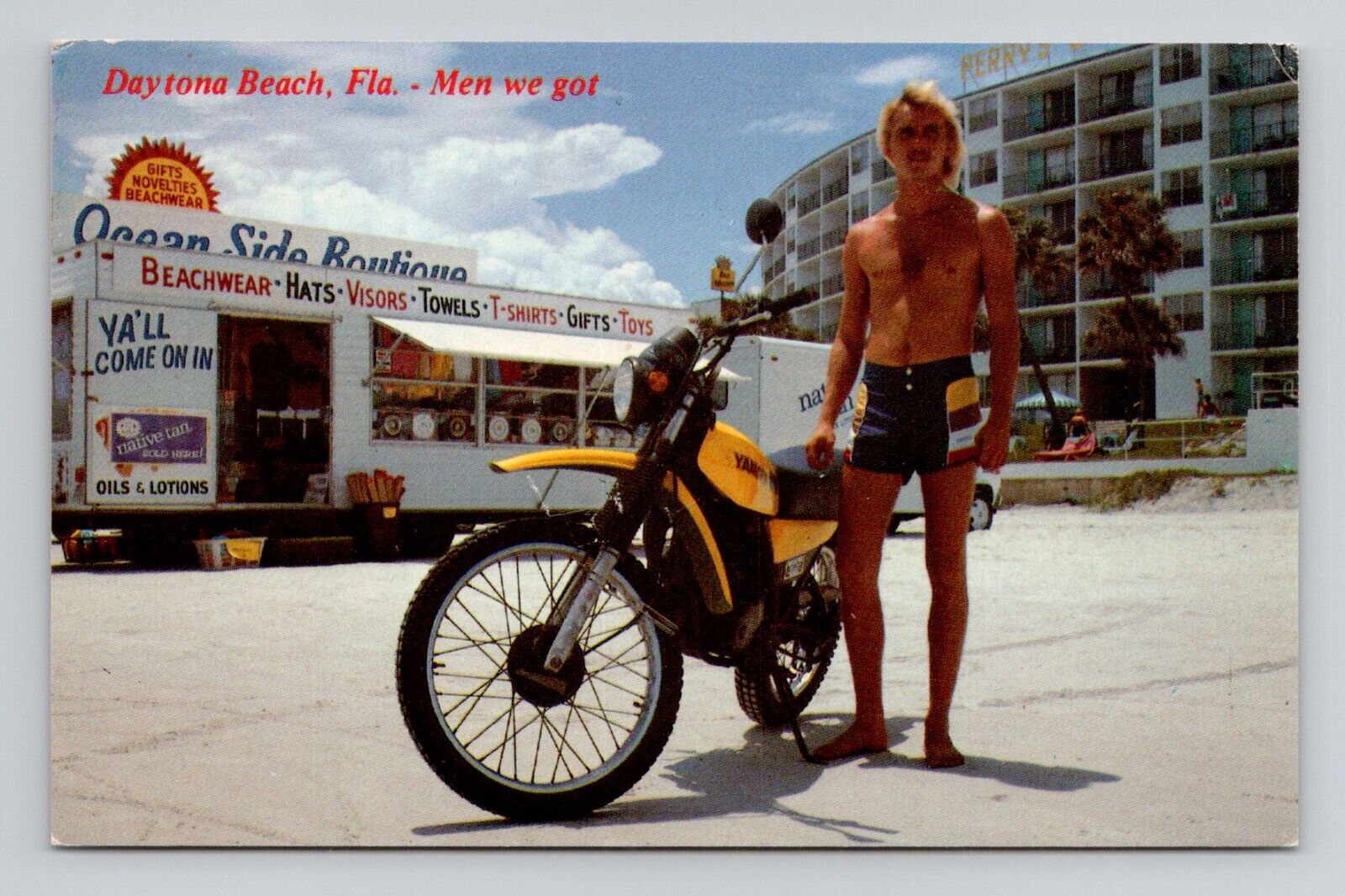 Postcard Man with Motorcycle Daytona Beach Florida FL, Vintage Chrome J13