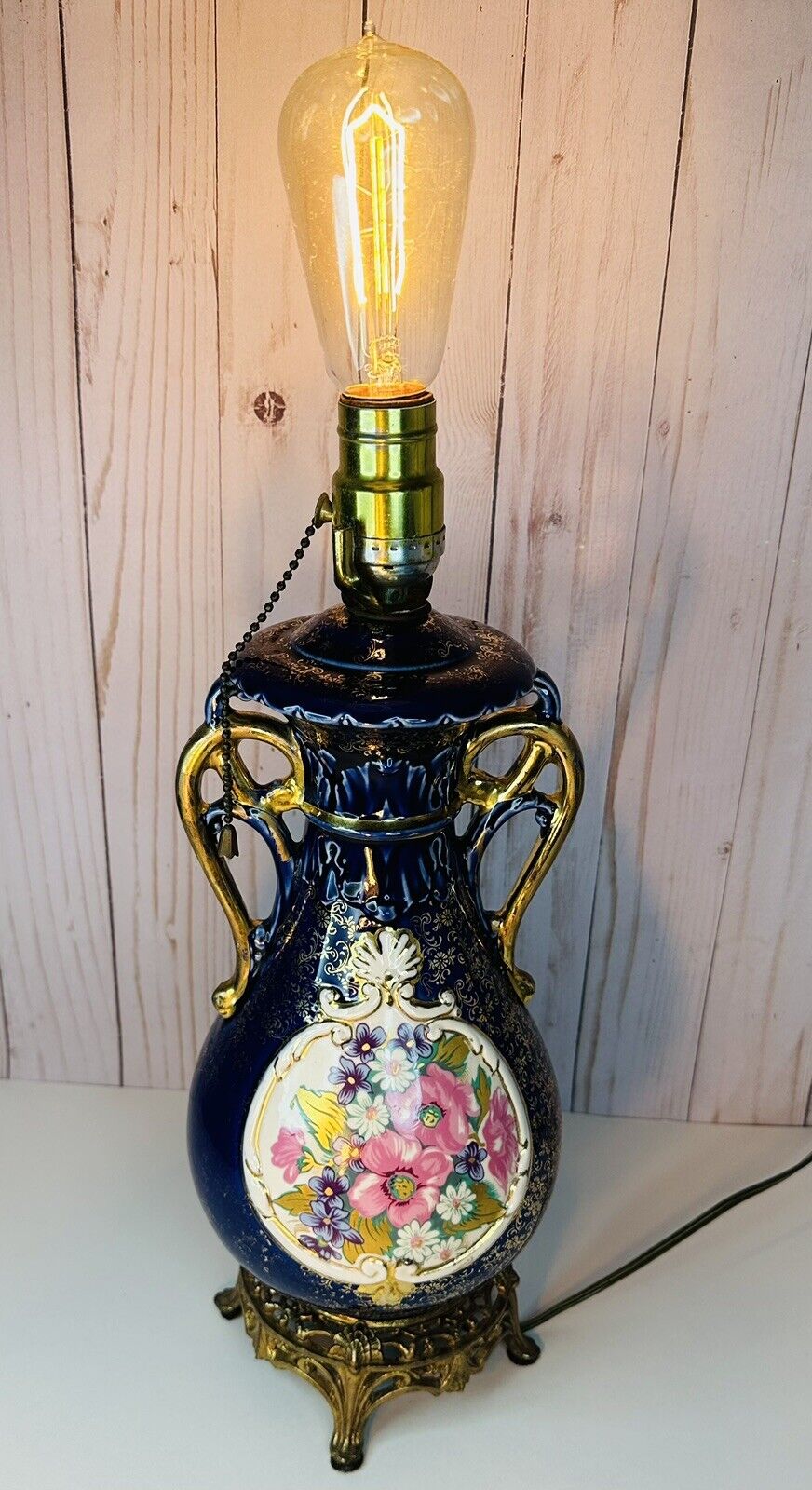 Antique French Bayeux Cobalt Blue + Heavy Gold Tones Porcelain Brass Lamp Floral
