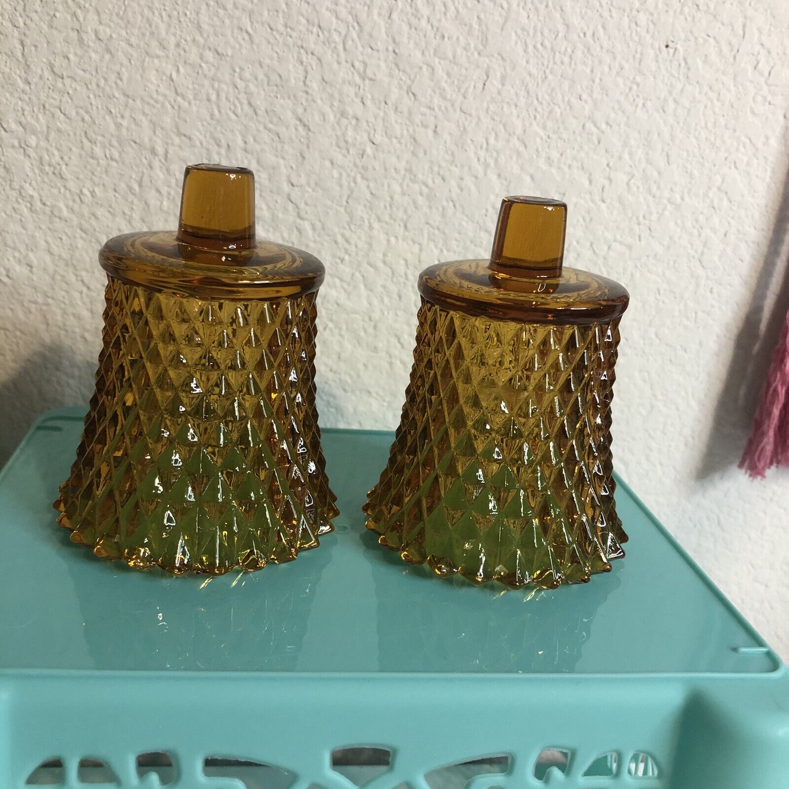 Vintage Amber Glass Diamond Point Candle Holders Peg Votive Cup Sconce Set of 2