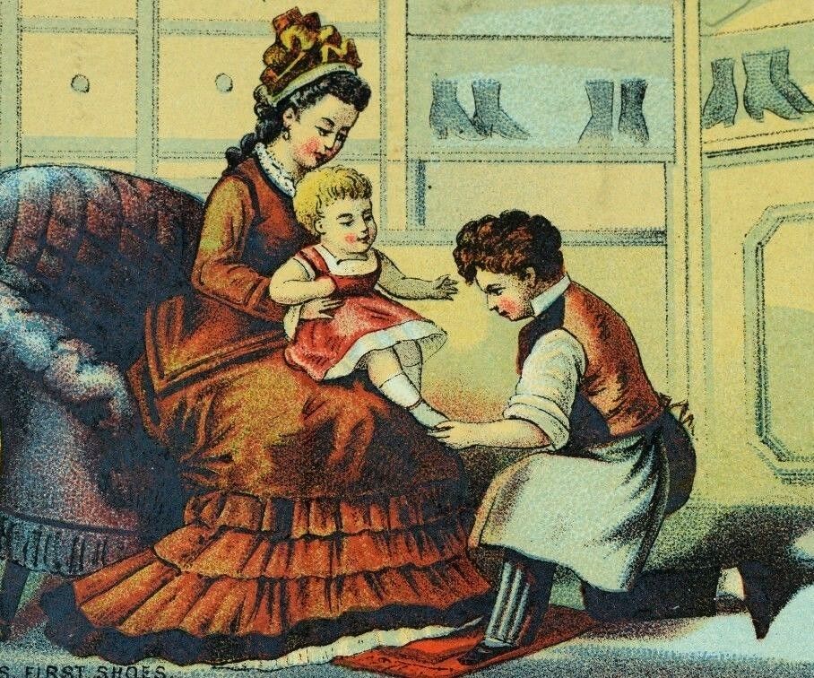 1870\'s-80\'s Lovely Inside Shoe Store Scene Babies First Shoes Victorian Card F79