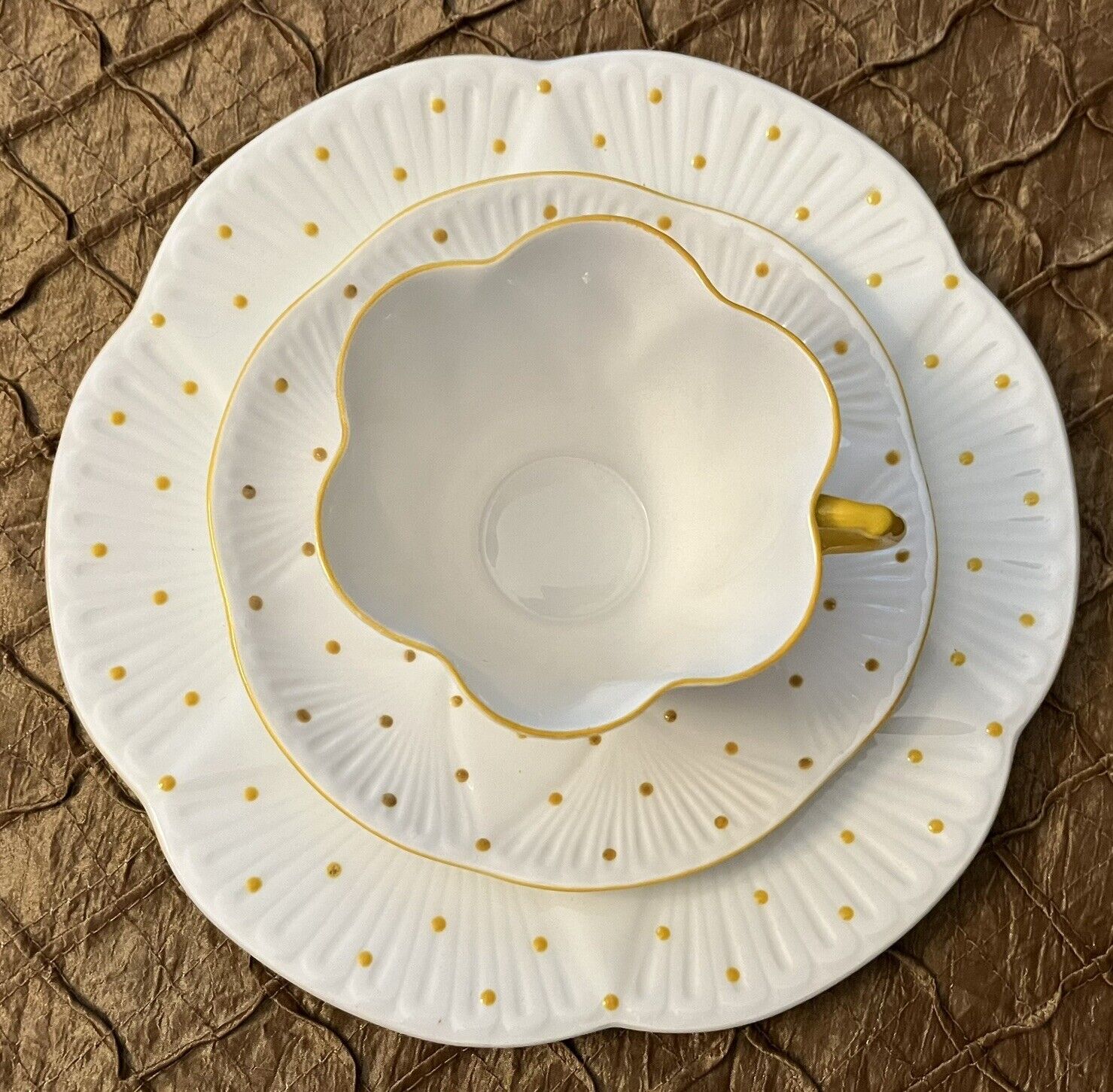 MINT Vintage Shelly Yellow Polka Dot 3 Piece Plate Cup & Saucer