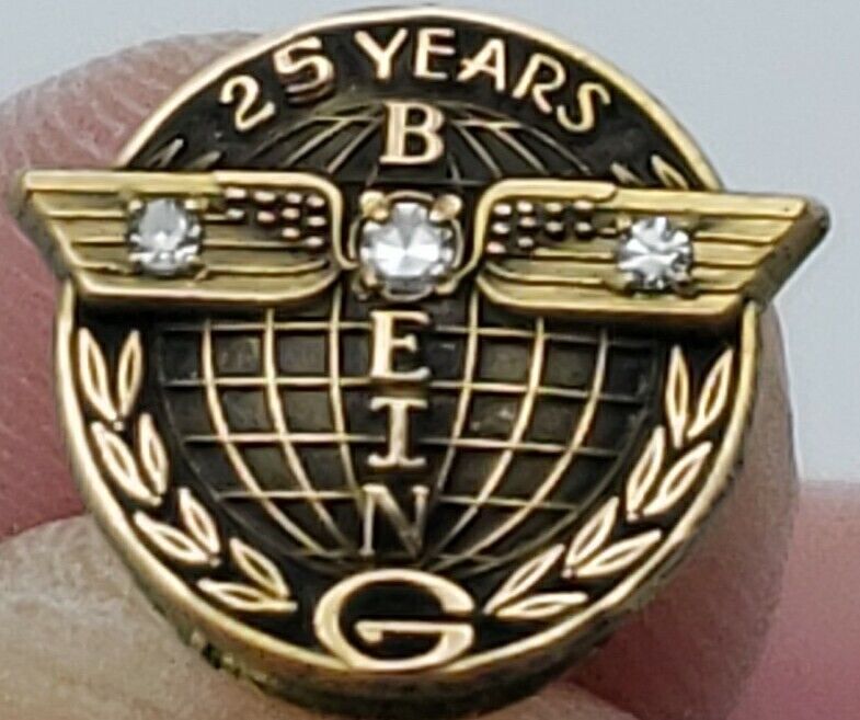 Boeing 25 Year Service Pin 1/10 10K Gold Filled 3 Diamonds Totem Airplane Globe