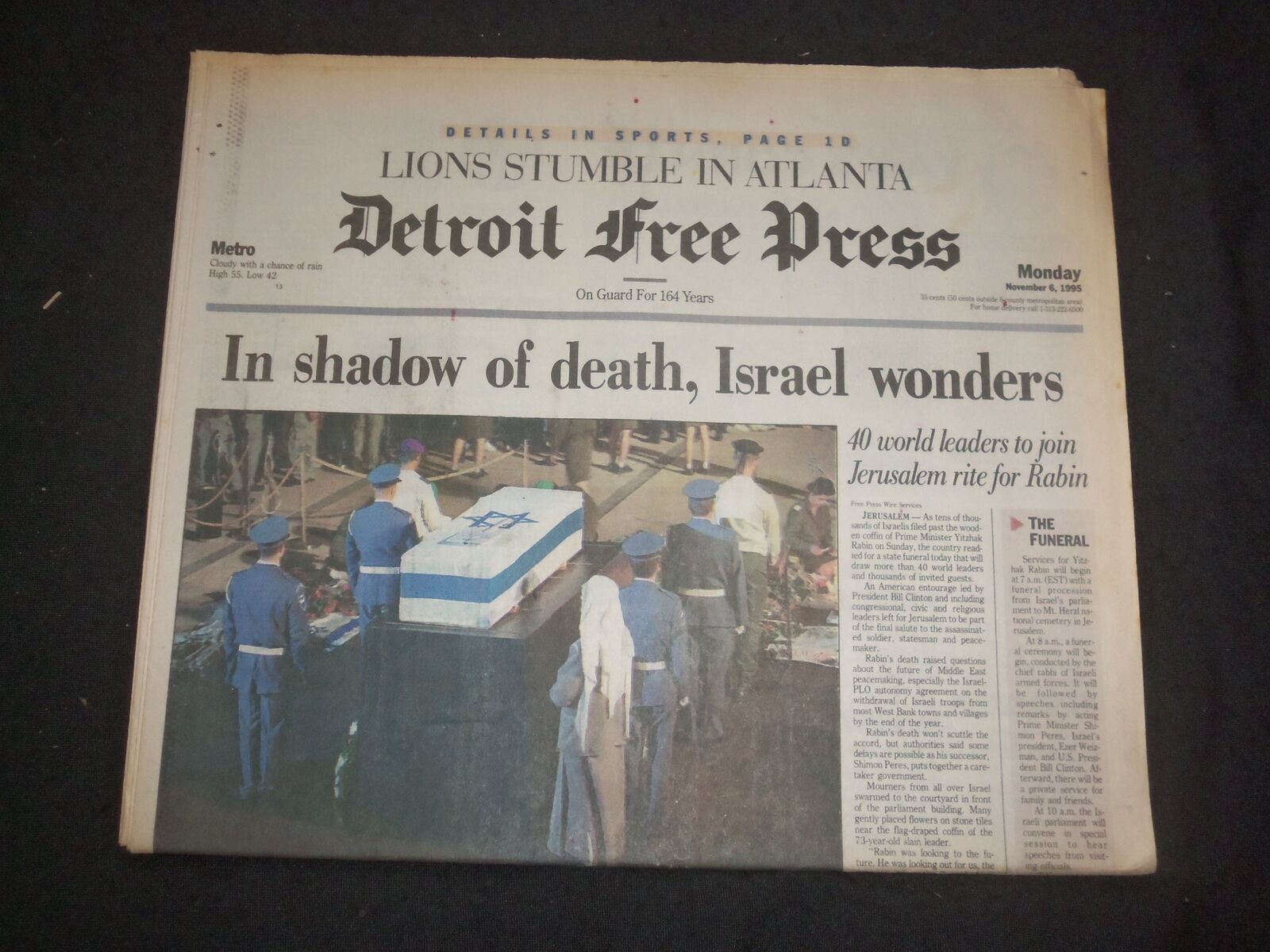 1995 NOV 6 DETROIT FREE PRESS NEWSPAPER - YITZHAK RABIN STATE FUNERAL - NP 7645