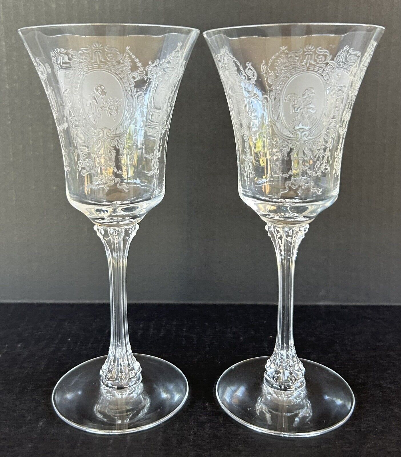 Heisey Glass Etched Minuet Water Goblets 8” Set of 2