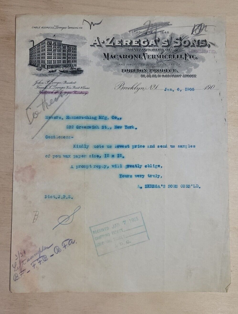 1905 Antique Document, A. Zerega's Sons, Brooklyn, N.Y., Signed