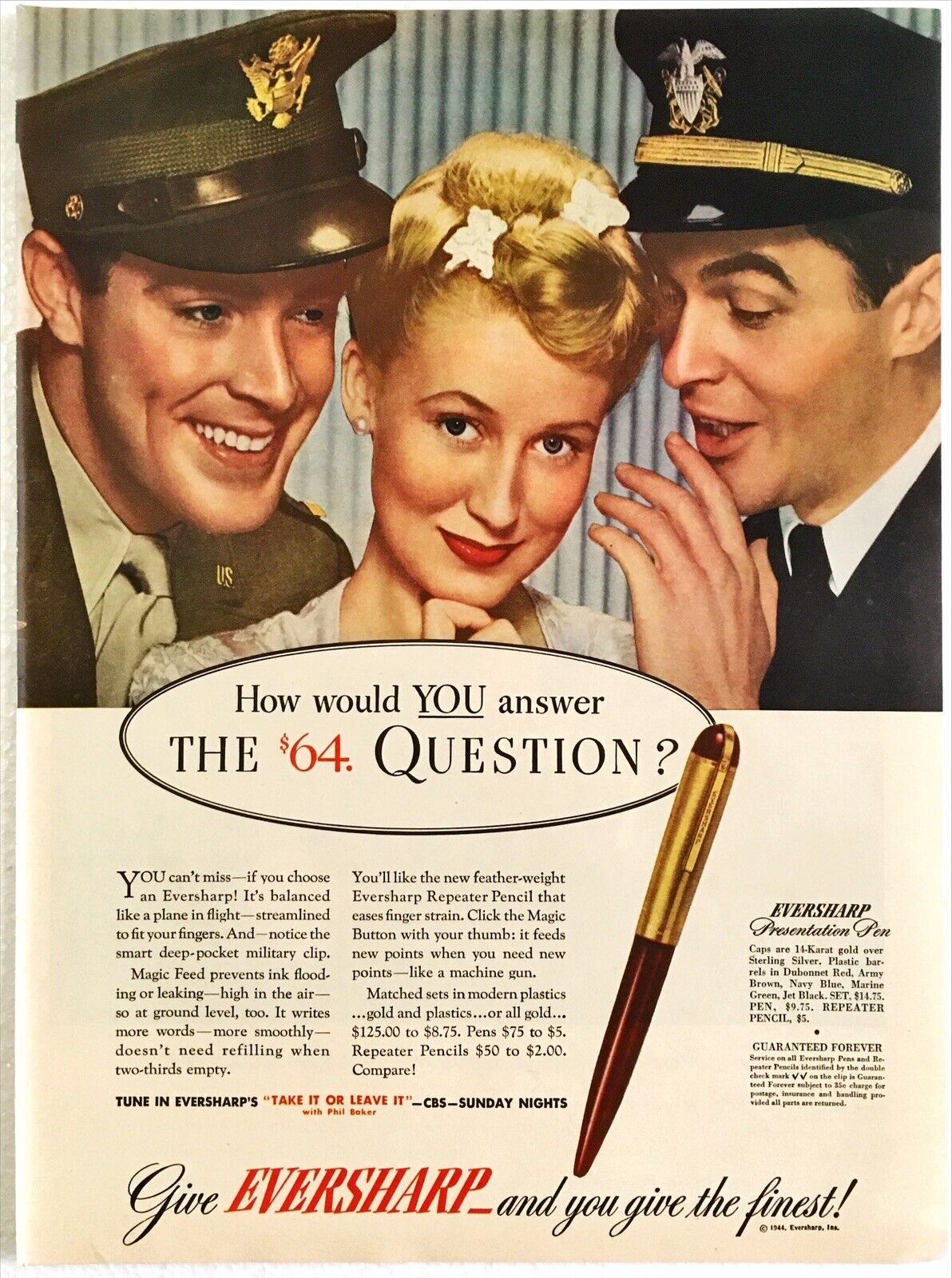 Vintage Print Ad WW2 1944 Eversharp Pen Military Officers Classic Advertising