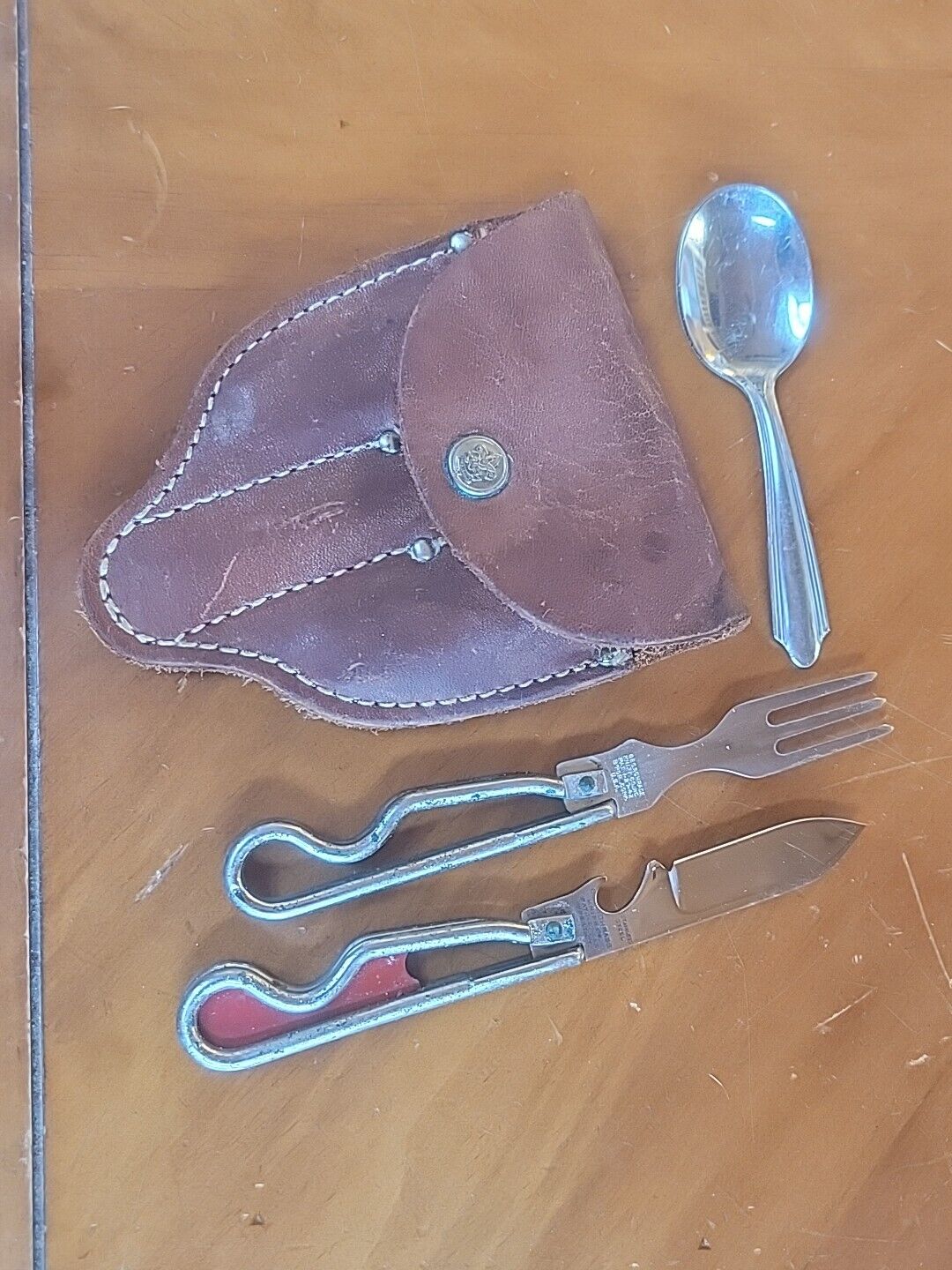 GEO SCHRADE 1940s-50s BOY SCOUT UTENSIL KIT Mess Knife Fork Spoon Leather Sheath