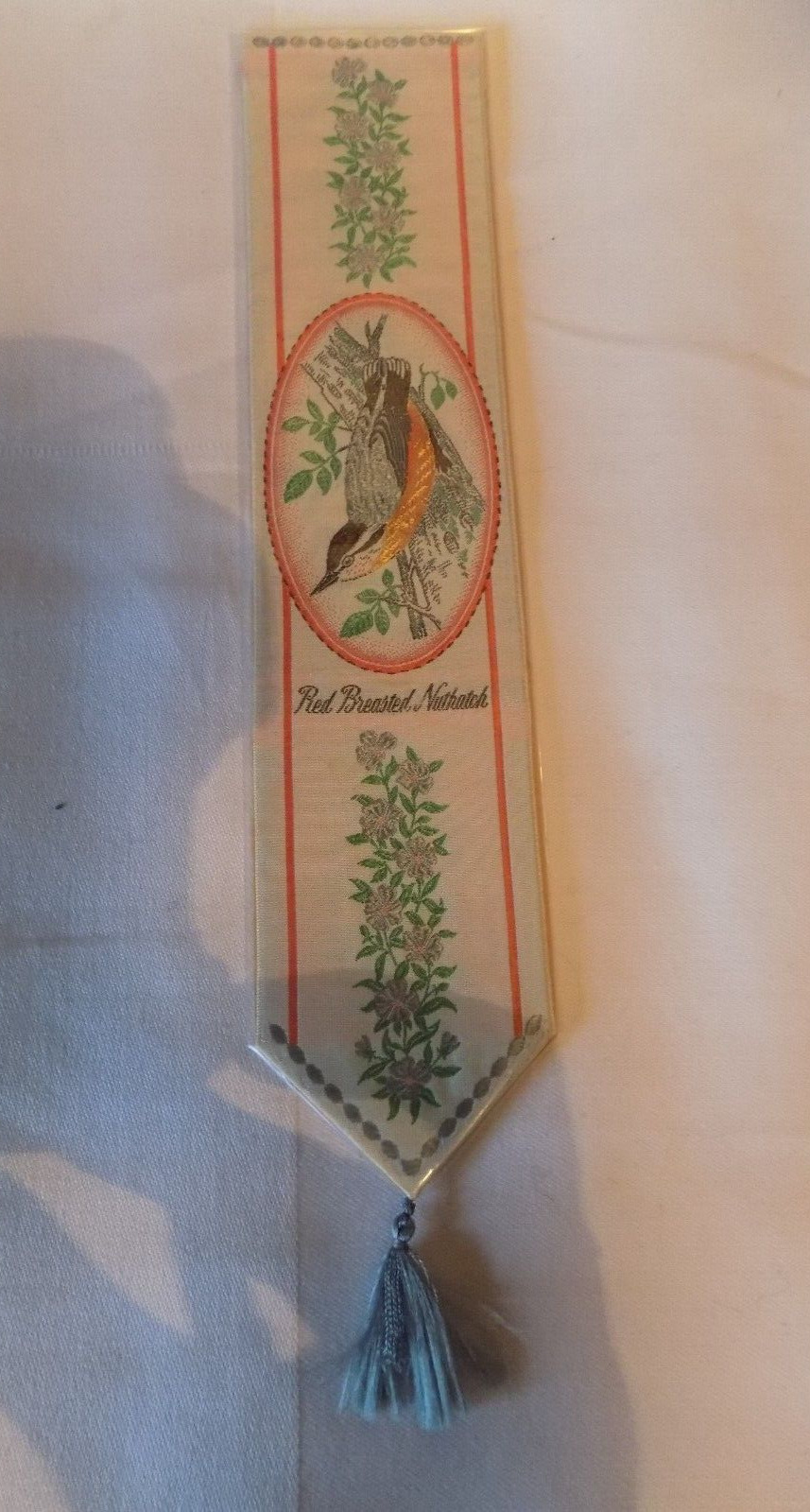 Vintage BOOKMARK Silk Embroidered RED BREASTED NUTHATCH   By CASH