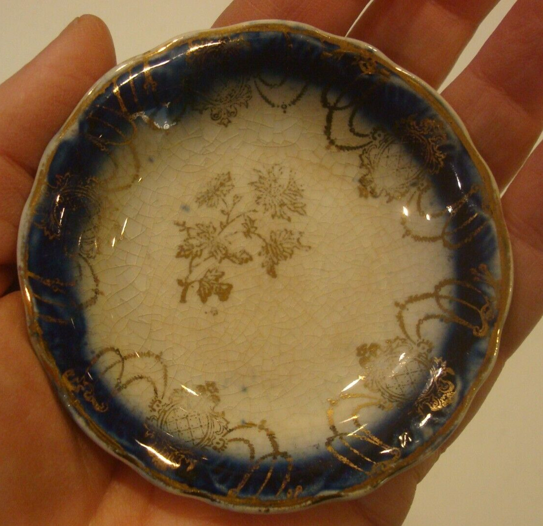 Early 1900s Dark Blue Butter Pat (Mini Plate) Scalloped Edge W/Gold Floral Swags