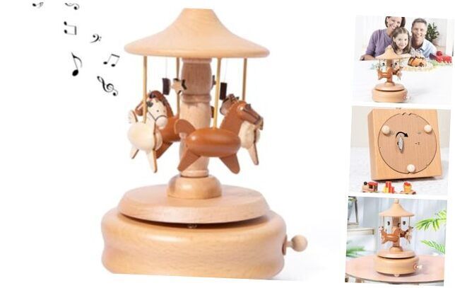 Solid Beech Music Box with Merry-Go-Round, Festival Gift and Carousel