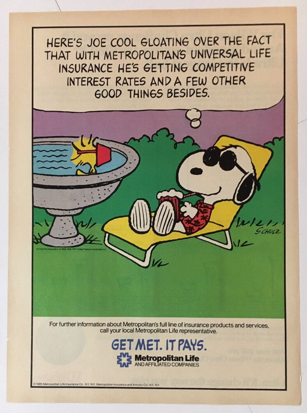 Snoopy Peanuts Met Life 1986 Vintage Print Ad 8x11 Inches Wall Decor